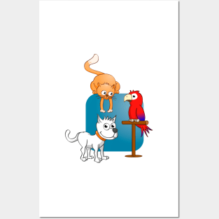 The cat, the dog and the parrot. Vector Illustration Posters and Art